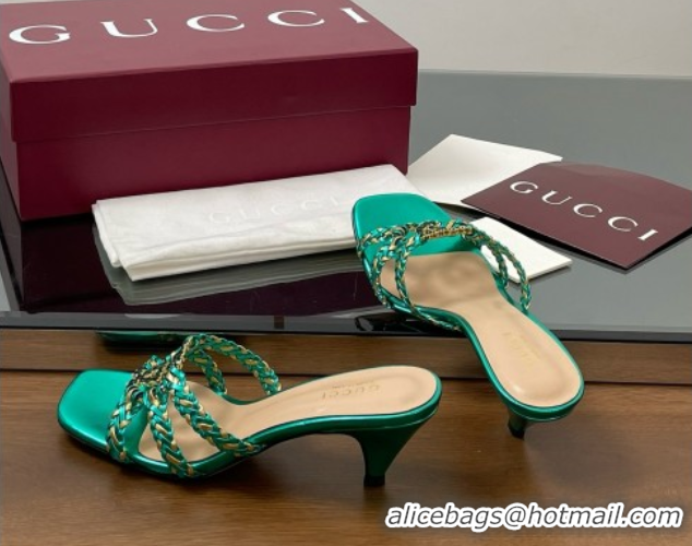 Classic Hot Gucci Isa Leather Heel Slide Sandals 4.5cm with Crystal Interlocking G Gold/Green 5070423