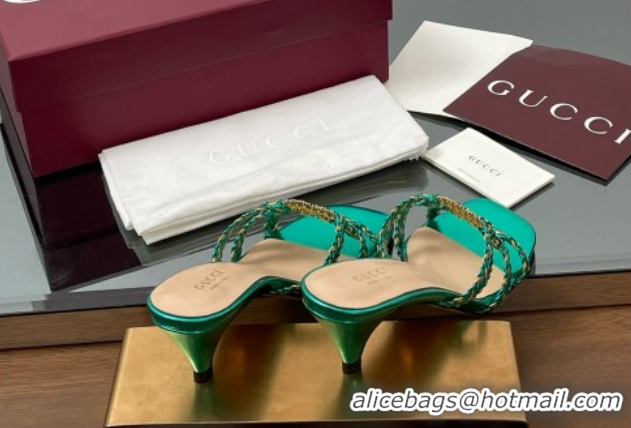 Classic Hot Gucci Isa Leather Heel Slide Sandals 4.5cm with Crystal Interlocking G Gold/Green 5070423