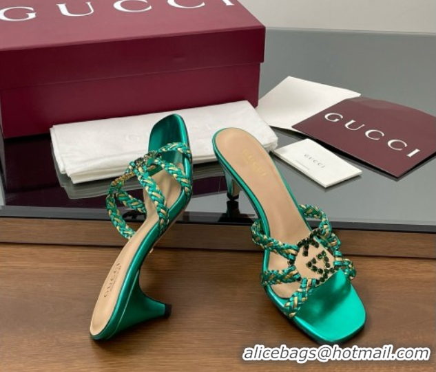 Classic Hot Gucci Isa Leather Heel Slide Sandals 4.5cm with Crystal Interlocking G Gold/Green 5070423