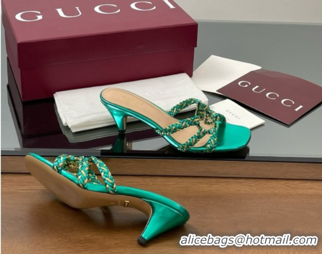 Classic Hot Gucci Isa Leather Heel Slide Sandals 4.5cm with Crystal Interlocking G Gold/Green 5070423