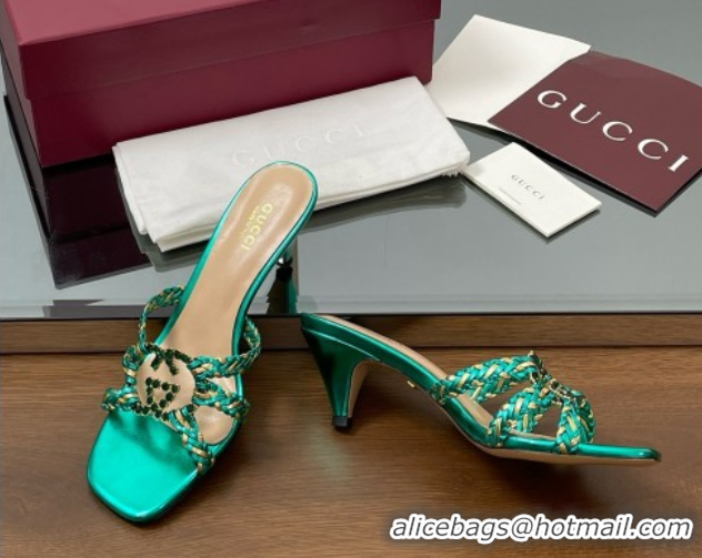 Classic Hot Gucci Isa Leather Heel Slide Sandals 4.5cm with Crystal Interlocking G Gold/Green 5070423