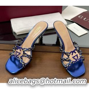 Popular Style Gucci Isa Leather Heel Slide Sandals 4.5cm with Crystal Interlocking G Gold/Blue 5070424