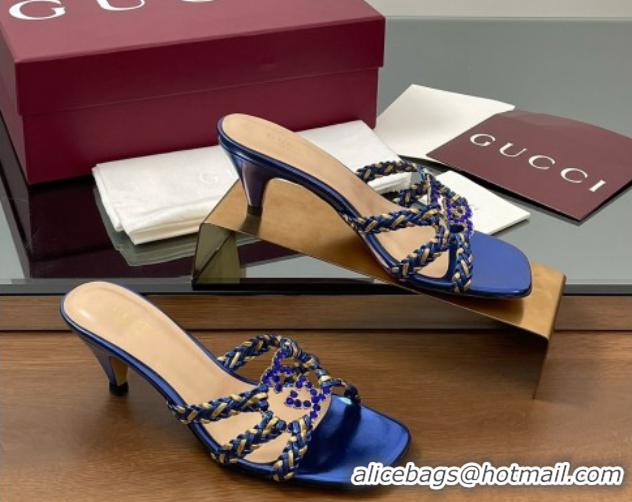 Popular Style Gucci Isa Leather Heel Slide Sandals 4.5cm with Crystal Interlocking G Gold/Blue 5070424