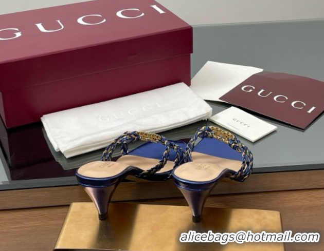 Popular Style Gucci Isa Leather Heel Slide Sandals 4.5cm with Crystal Interlocking G Gold/Blue 5070424
