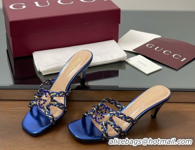 Popular Style Gucci Isa Leather Heel Slide Sandals 4.5cm with Crystal Interlocking G Gold/Blue 5070424