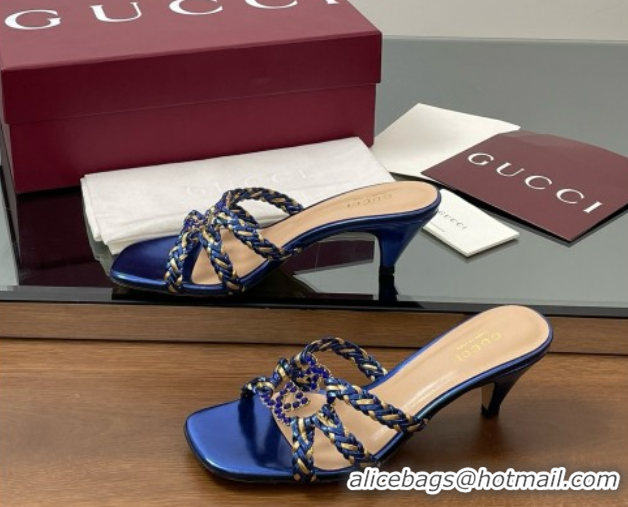 Popular Style Gucci Isa Leather Heel Slide Sandals 4.5cm with Crystal Interlocking G Gold/Blue 5070424