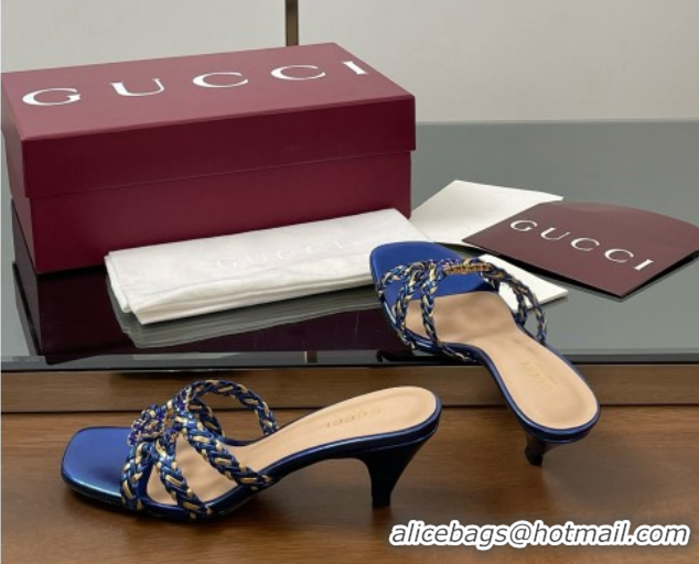 Popular Style Gucci Isa Leather Heel Slide Sandals 4.5cm with Crystal Interlocking G Gold/Blue 5070424