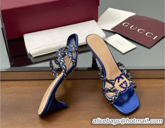 Popular Style Gucci Isa Leather Heel Slide Sandals 4.5cm with Crystal Interlocking G Gold/Blue 5070424