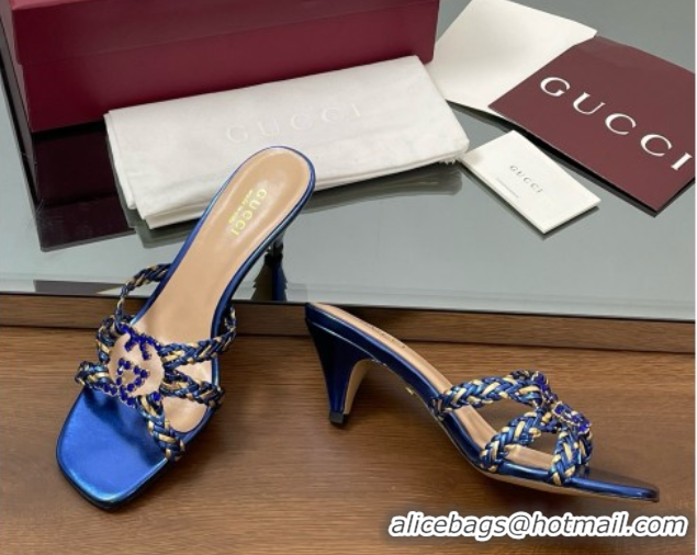 Popular Style Gucci Isa Leather Heel Slide Sandals 4.5cm with Crystal Interlocking G Gold/Blue 5070424