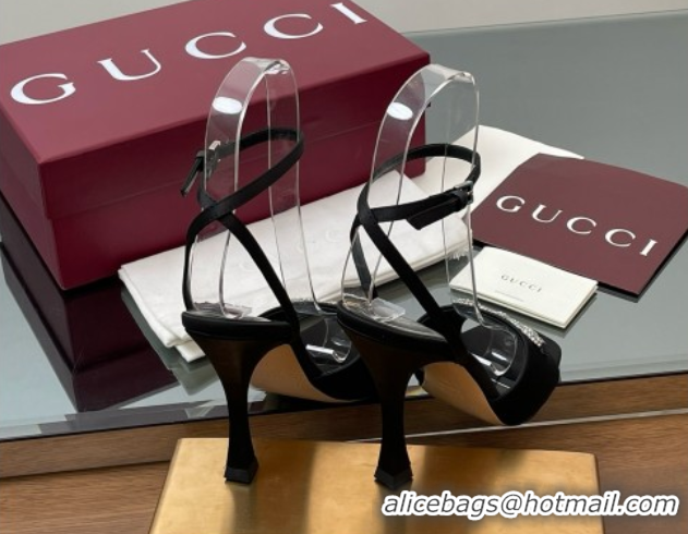 Good Quality Gucci Satin Sandal with Horsebit 10.5cm Heel 834344 Black