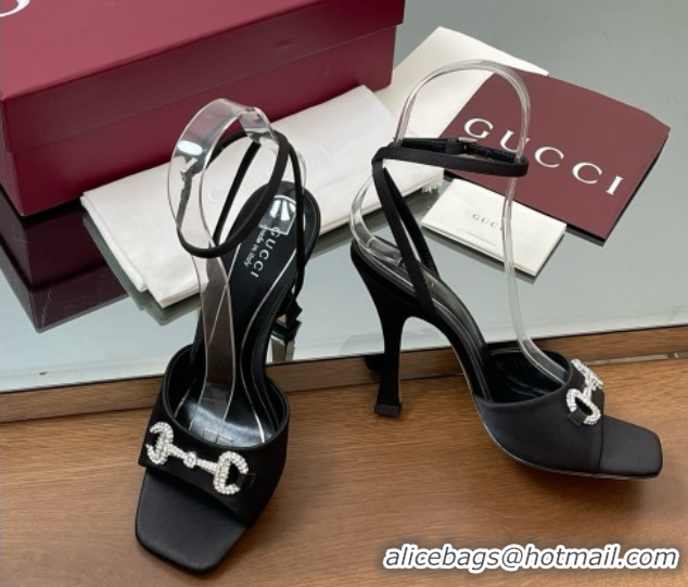 Good Quality Gucci Satin Sandal with Horsebit 10.5cm Heel 834344 Black