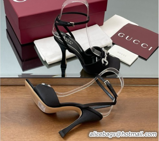 Good Quality Gucci Satin Sandal with Horsebit 10.5cm Heel 834344 Black