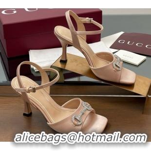 Top Grade Gucci Satin Sandal with Crystal Horsebit 8.5cm Heel 834342 Beige