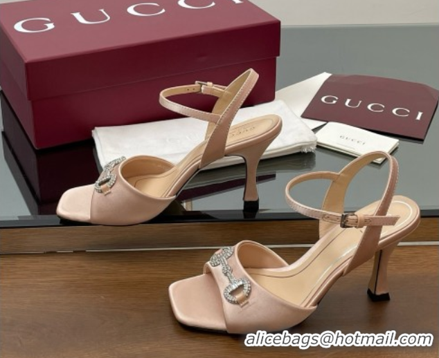 Top Grade Gucci Satin Sandal with Crystal Horsebit 8.5cm Heel 834342 Beige