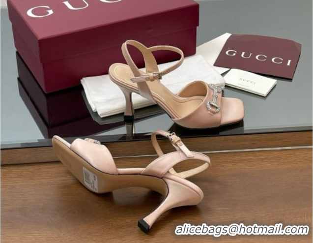 Top Grade Gucci Satin Sandal with Crystal Horsebit 8.5cm Heel 834342 Beige