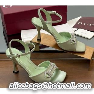 Purchase Gucci Satin Sandal with Crystal Horsebit 8.5cm Heel 834342 Light Green