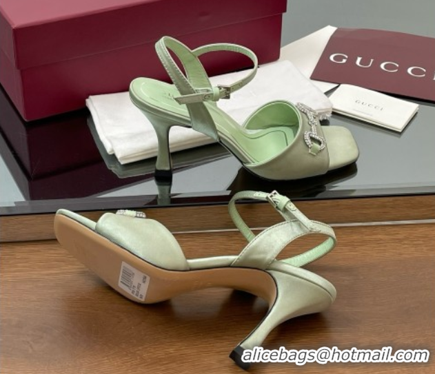 Purchase Gucci Satin Sandal with Crystal Horsebit 8.5cm Heel 834342 Light Green