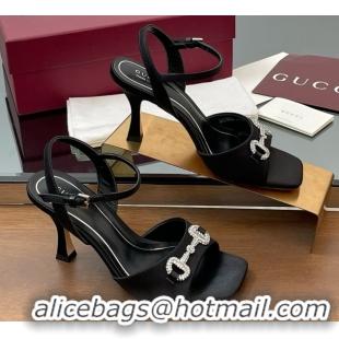Best Product Gucci Satin Sandal with Crystal Horsebit 8.5cm Heel 834342 Black