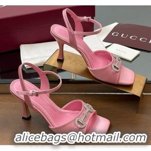 Shop Duplicate Gucci Satin Sandal with Crystal Horsebit 8.5cm Heel 834342 Pink