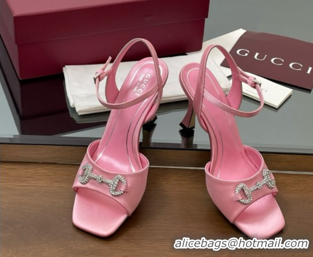 Shop Duplicate Gucci Satin Sandal with Crystal Horsebit 8.5cm Heel 834342 Pink
