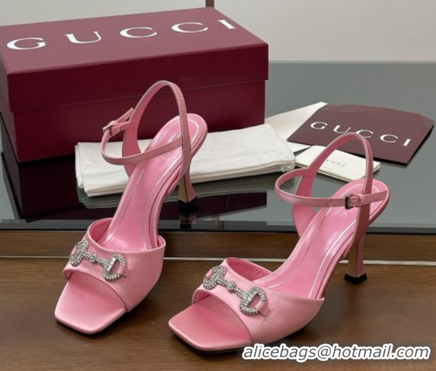 Shop Duplicate Gucci Satin Sandal with Crystal Horsebit 8.5cm Heel 834342 Pink