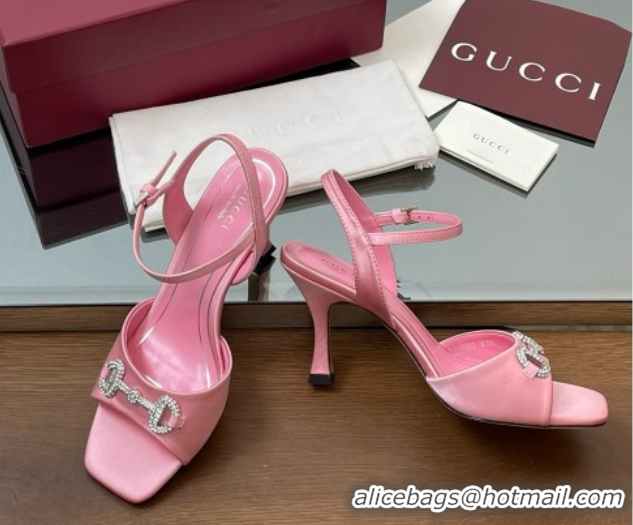 Shop Duplicate Gucci Satin Sandal with Crystal Horsebit 8.5cm Heel 834342 Pink