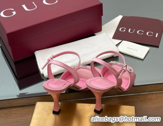 Shop Duplicate Gucci Satin Sandal with Crystal Horsebit 8.5cm Heel 834342 Pink