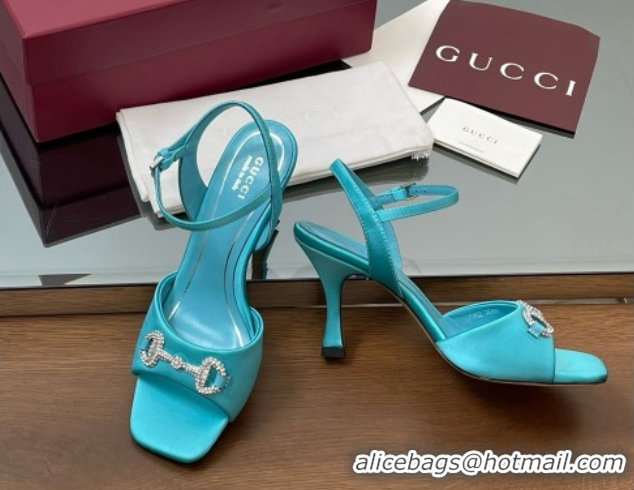 Pretty Style Gucci Satin Sandal with Crystal Horsebit 8.5cm Heel 834342 Blue