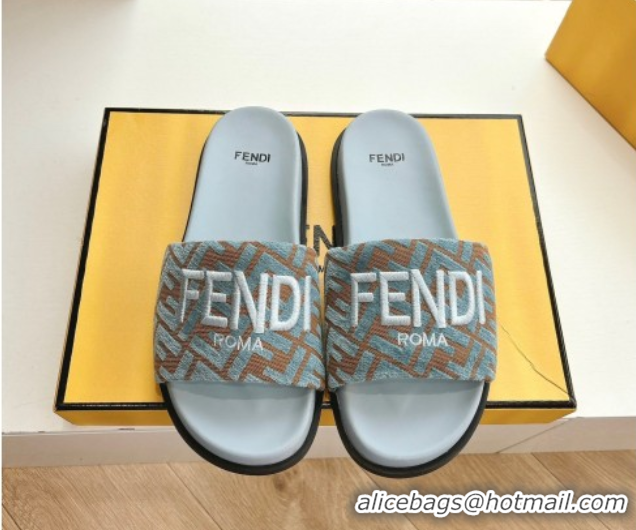 Most Popular Fendi Flat Slides Sandal in FF Canvas Blue 0605061
