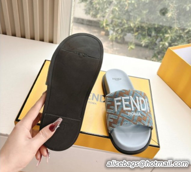Most Popular Fendi Flat Slides Sandal in FF Canvas Blue 0605061