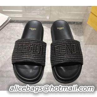 Luxurious Fendi Flat Slides Sandal in Woven Straw-Like Black 0605064