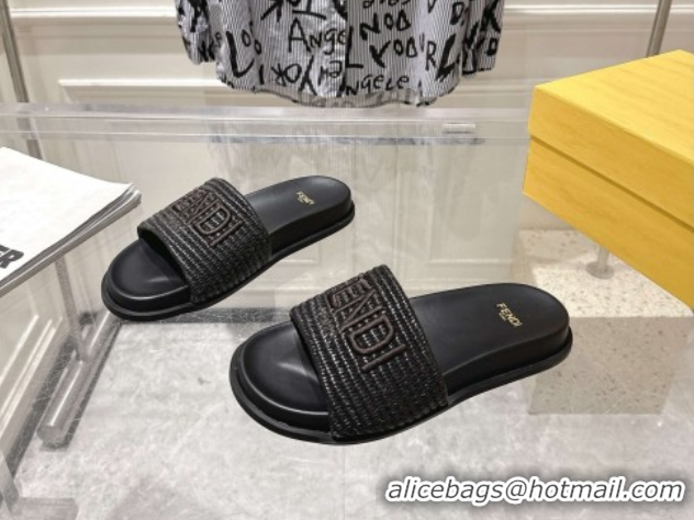 Luxurious Fendi Flat Slides Sandal in Woven Straw-Like Black 0605064