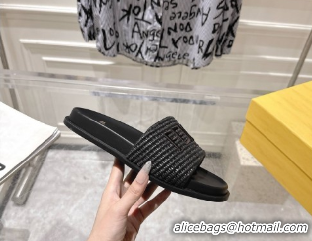 Luxurious Fendi Flat Slides Sandal in Woven Straw-Like Black 0605064