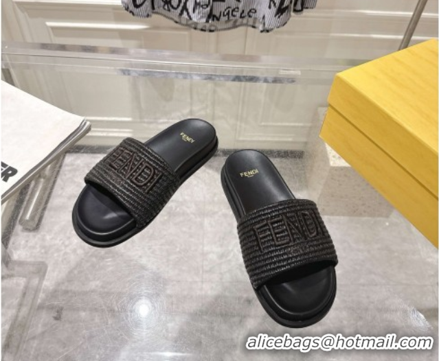 Luxurious Fendi Flat Slides Sandal in Woven Straw-Like Black 0605064