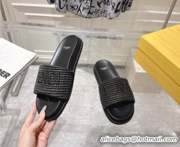 Luxurious Fendi Flat Slides Sandal in Woven Straw-Like Black 0605064