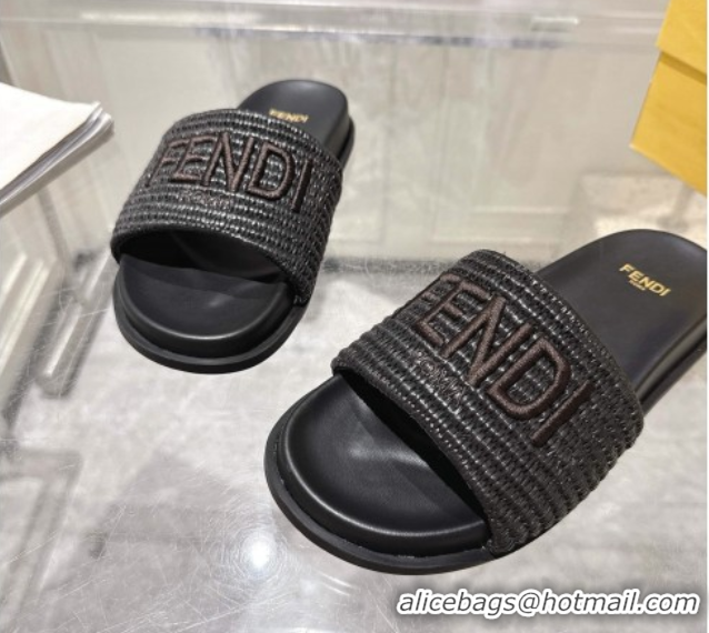 Luxurious Fendi Flat Slides Sandal in Woven Straw-Like Black 0605064