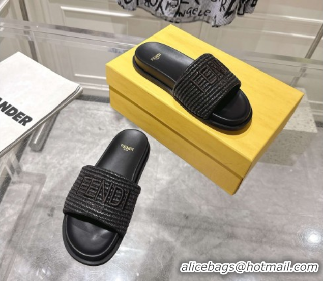 Luxurious Fendi Flat Slides Sandal in Woven Straw-Like Black 0605064