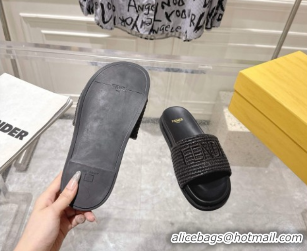 Luxurious Fendi Flat Slides Sandal in Woven Straw-Like Black 0605064