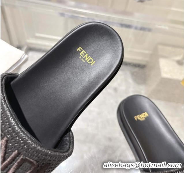 Luxurious Fendi Flat Slides Sandal in Woven Straw-Like Black 0605064