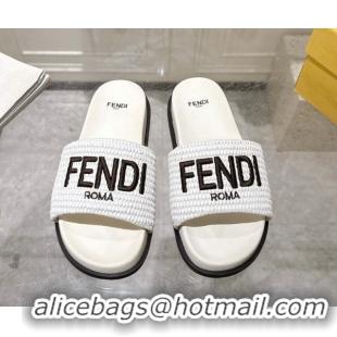 Low Cost Fendi Flat Slides Sandal in Woven Straw-Like White 0605065