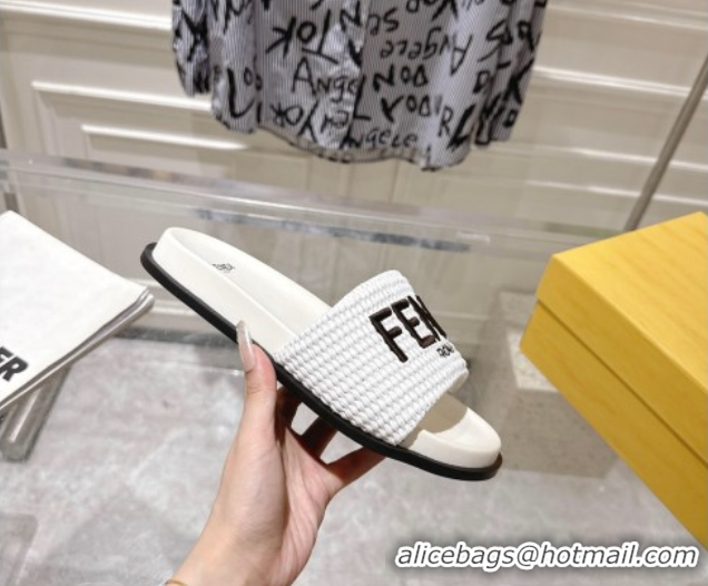Low Cost Fendi Flat Slides Sandal in Woven Straw-Like White 0605065