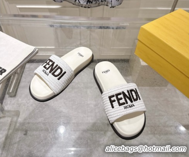 Low Cost Fendi Flat Slides Sandal in Woven Straw-Like White 0605065