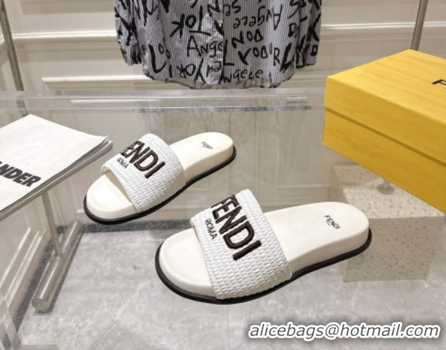 Low Cost Fendi Flat Slides Sandal in Woven Straw-Like White 0605065