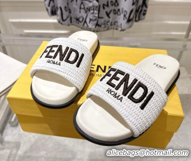 Low Cost Fendi Flat Slides Sandal in Woven Straw-Like White 0605065