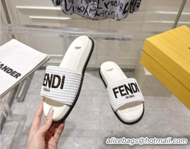 Low Cost Fendi Flat Slides Sandal in Woven Straw-Like White 0605065