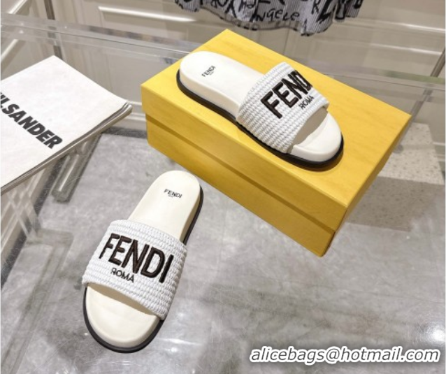 Low Cost Fendi Flat Slides Sandal in Woven Straw-Like White 0605065