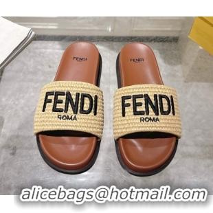 Buy Luxury Fendi Flat Slides Sandal in Woven Straw-Like Beige/Brown 0605066