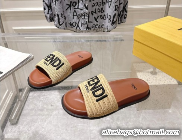Buy Luxury Fendi Flat Slides Sandal in Woven Straw-Like Beige/Brown 0605066