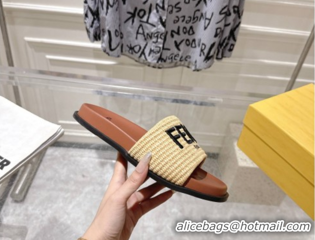 Buy Luxury Fendi Flat Slides Sandal in Woven Straw-Like Beige/Brown 0605066