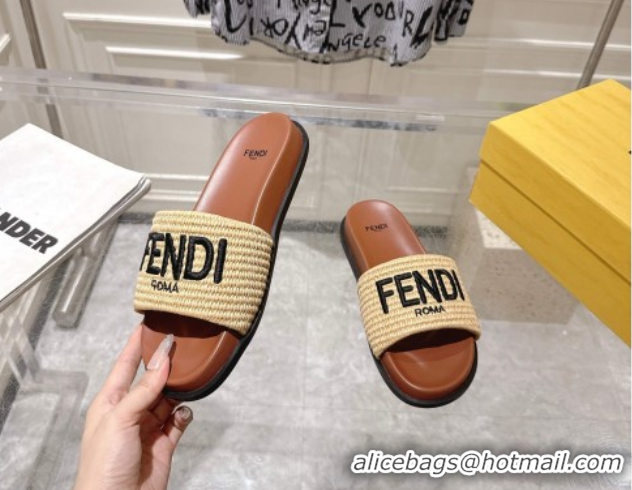 Buy Luxury Fendi Flat Slides Sandal in Woven Straw-Like Beige/Brown 0605066